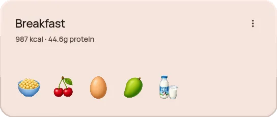 GymTea breakfast nutrition tracker with calories, protein, and foods