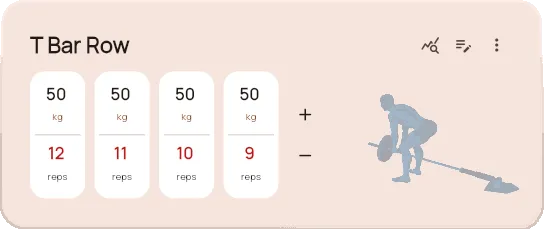 GymTea T Bar Row workout tracker with four logged sets